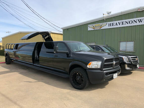 Ram Truck Limo Dallas, This Monster Ram Limo is one-of-a-kind limousine only available in Dallas and Fort Worth. Jet Door, tailgate limo. 